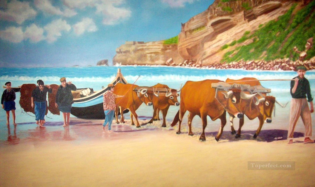 bulls pulling boat on beach Oil Paintings